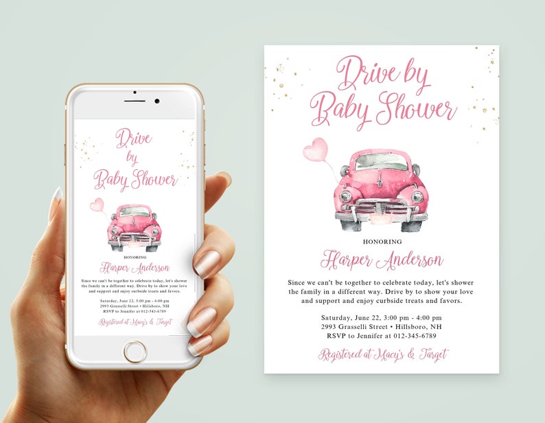 Girl Baby Shower Invite with Car and Balloon Drive Through Printable