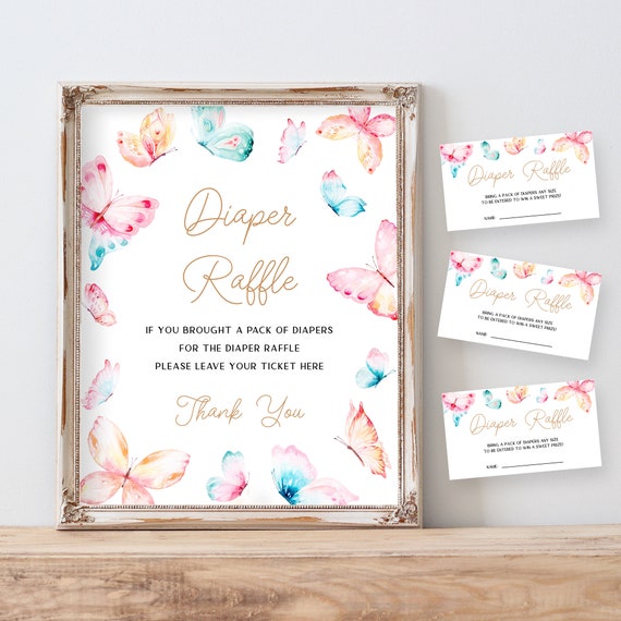 Diaper Raffle Ticket and Sign Butterfly Baby Shower Games - Girl Pink Butterflies Shower Activity, Game Card Printable Template, Pdf, FIONA Il_570xn