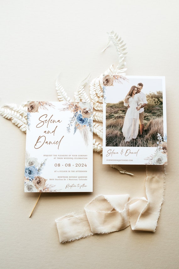 Boho Chic Wedding Invitation Template - Beige Blue Floral Printable Card, Editable Bohemian Wedding Invite with Pampas Grass, Corjl, SURI Il_570xn