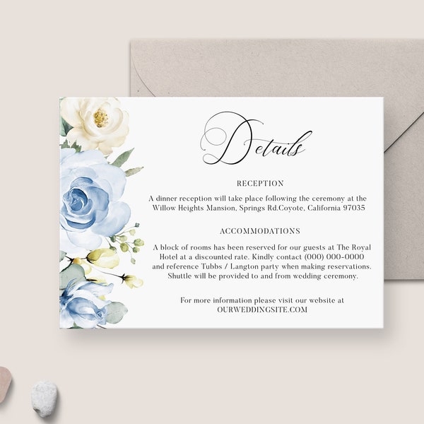 Wedding Details Card Template - Dusty Blue Wedding Inserts, Printable Rustic Floral Detail Card with Elegant Calligraphy, ALICE