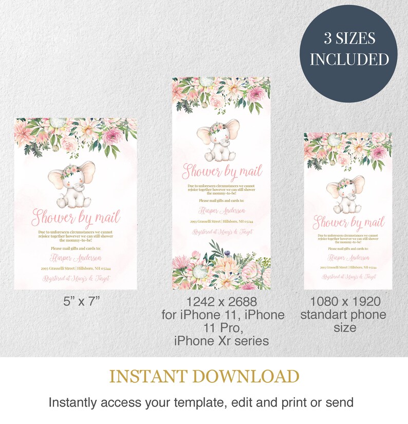 Baby Shower by Mail Invitation Template Pink Elephant Baby Etsy