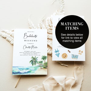 Beach Bachelorette Invitation Template Tropical Ocean Weekend Itinerary Schedule, Pool Hen Party Printable Card, Editable in Corjl, MIA 画像 4