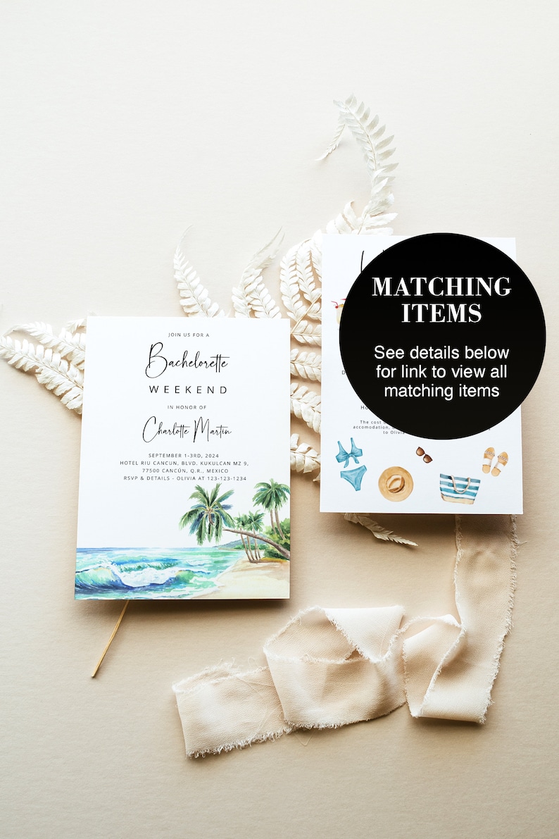 Beach Bachelorette Invitation Template Tropical Ocean Weekend Itinerary Schedule, Pool Hen Party Printable Card, Editable in Corjl, MIA 画像 4