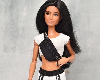 Riñonera negra en miniatura para muñeca, bolso de moda con cremallera a escala 1:6