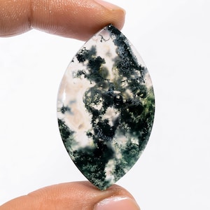 Pode incluir: Uma pedra preciosa polida em forma de marquesa com uma base translúcida branco leitoso. A pedra apresenta inclusões intrincadas em forma de samambaia em tons de verde e preto, criando um padrão natural e artístico. A pedra preciosa é segurada entre dois dedos.