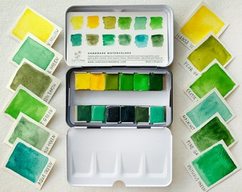 Geelgroen ambachtelijk aquarelpalet. Handgemaakte verfset van 12 kleuren. Groen aquarelpalet. Handgemaakte groene verf. #23