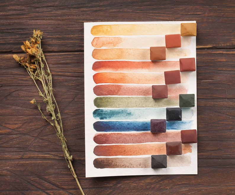 Handmade watercolor paint. Artisan paint set of 12 colors. Watercolor palette.