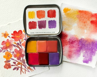 Mini palette jaune rouge. Peinture aquarelle artisanale faite à la main. Palette d'aquarelle botanique. Peintures respectueuses de l'environnement. Fournitures pour aquarelle. #14