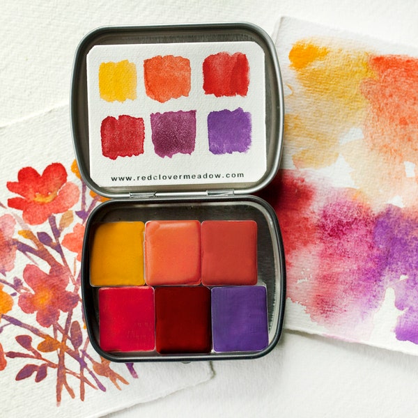 Mini palette jaune rouge. Peinture aquarelle artisanale faite à la main. Palette d'aquarelle botanique. Peintures respectueuses de l'environnement. Fournitures pour aquarelle. #14