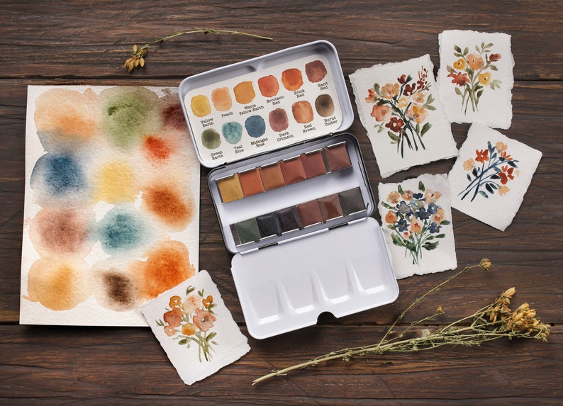 Handmade watercolor paint. Artisan paint set of 12 colors. Watercolor palette. Christmas gift. Artist gift. Gift for her.