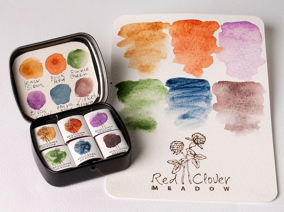 Mini palette - watercolor set of 6 colors. Handmade mineral watercolor  paint. Travel watercolor palette. Eco paints. Watercolor supplies. #4