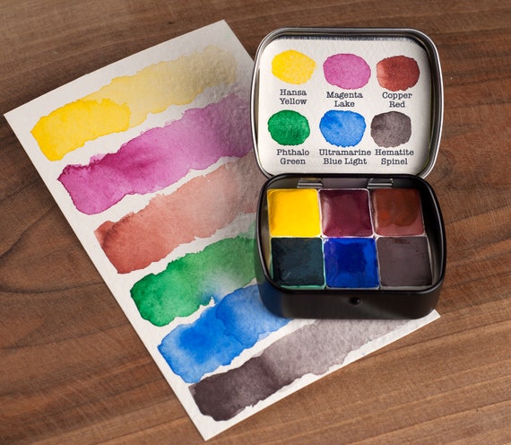 Mini Travel Palette 6 Colors. Watercolor Homemade Paint. Primary