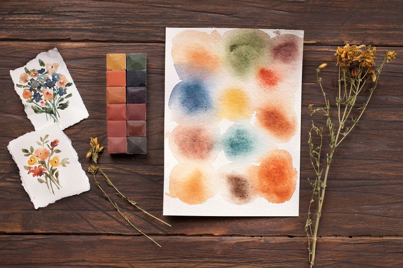 Handmade watercolor paint. Artisan paint set of 12 colors. Watercolor palette.