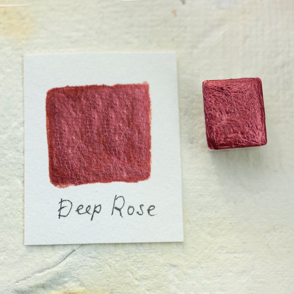 Deep Rose Mica watercolor paint. One half pan. Pearlescent color. Puce Red Mica color. Raspbery red mica paint. Mauve rose red mica paint.