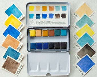 Palette d'aquarelle artisanale bleu jaune. Ensemble de 12 couleurs de peinture faite main. Palette aquarelle. Cadeau de Noël. Cadeau d'artiste. Cadeau pour elle. #21