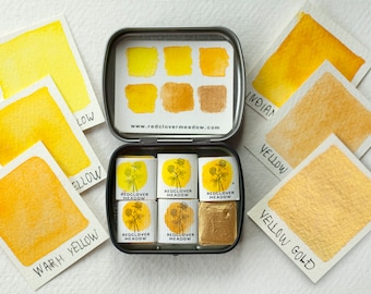 Yellow Palette. Yellow watercolor paint set. Lemon Yellow, Hansa Yellow, Indian Yellow, Yellow Gold #15