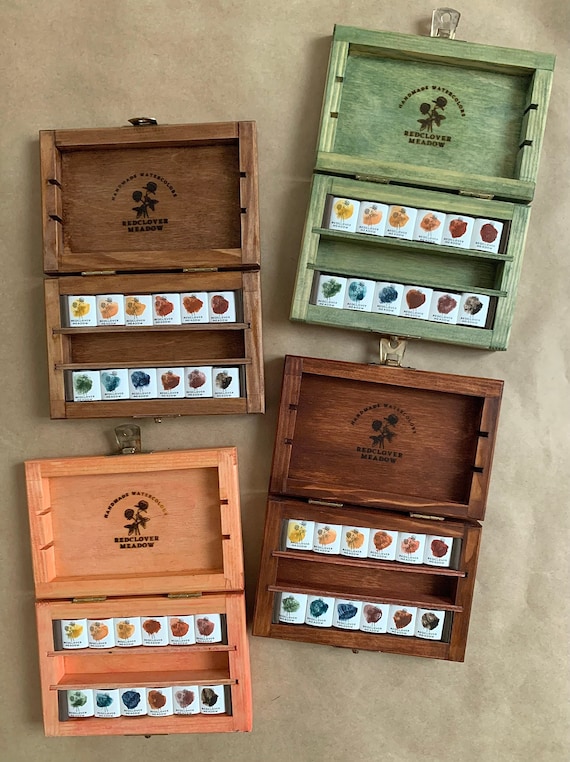 Mineral watercolor paint set in colorful wooden box. 12-color palette, Handmade watercolors, Handmade paint. Watercolor supplies.