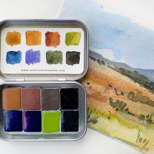 Landscape handmade watercolor paint set - 8 colors. Mineral watercolor palette #31