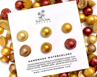 Gold sample card. Six gold mica colors. Handmade pearlescent gold colors. Gold shimmer watercolor paint.