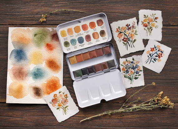 Handmade watercolor paint. Artisan palette of 12 colors. Artist gift for her.