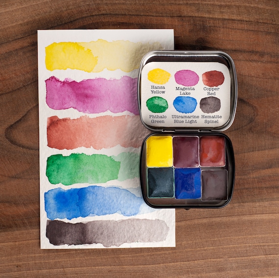 Mini Travel Palette 6 Colors. Watercolor Homemade Paint. Primary