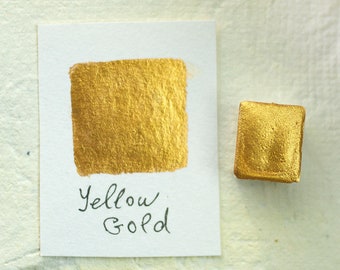 Yellow Gold mica watercolor paint. One half pan, Handmade pearlescent yellow gold color.