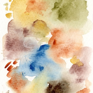 May include: Abstract watercolor painting featuring a blend of colors. The artwork showcases soft washes of blue, brown, orange, yellow, and green hues. The composition is a mix of organic shapes and textures, creating a visually appealing piece.