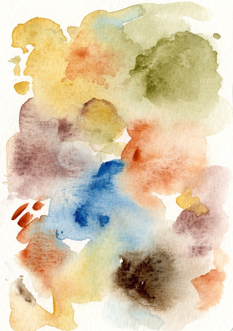 May include: Abstract watercolor painting featuring a blend of colors. The artwork showcases soft washes of blue, brown, orange, yellow, and green hues. The composition is a mix of organic shapes and textures, creating a visually appealing piece.