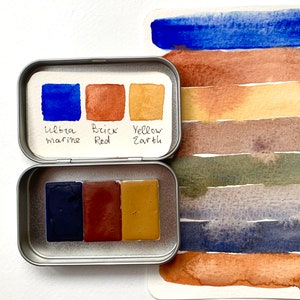 Full Pans palette of three colors. Ultramarine, Brick Red, Yellow Earth. Watercolor paint set.  Art Supply, Artist Gift, #91