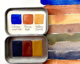 Full Pans palette of three colors. Ultramarine, Brick Red, Yellow Earth. Watercolor paint set.  Art Supply, Artist Gift, #91
