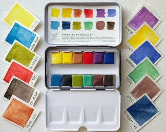 Paleta de acuarelas hecha a mano: Set de pinturas artesanales, 12 colores.