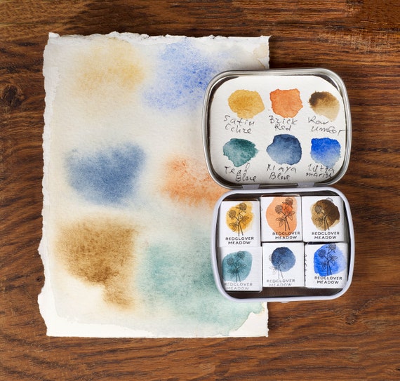 Mini Palette Watercolor Set of 6 Colors. Handmade Mineral Watercolor Paint.  Travel Watercolor Palette. Eco Paints. Watercolor Supplies. 4 