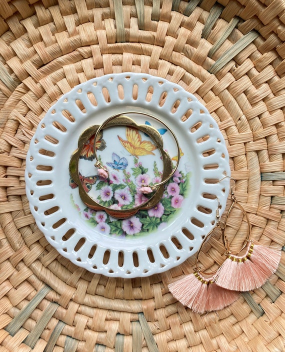 Vintage Butterfly and Floral Trinket Dish, Cottag… - image 1