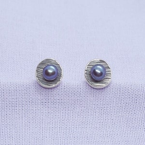 Peacock Pearl Silver Earrings, Freshwater Cultured Pearls, Silver Cups, Small Studs, Unique Gift, Handmade in UK Jewellery image 1