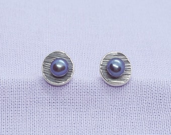 Peacock Pearl Silver Earrings, Freshwater Cultured Pearls, Silver Cups, Small Studs, Unique Gift, Handmade in UK Jewellery