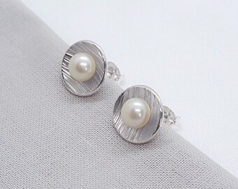 White Pearl Silver Earrings, Ivory-White Pearls Freshwater Cultured Pearls, Bridal Jewellery, Wedding, Large Studs, Handmade in UK