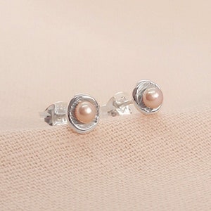 Peach Pearl Silver Earrings, Sterling, Gift Present, Freshwater Cultured Pearls, Mini Studs, Handmade in UK Jewellery image 1