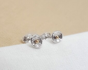 Silver 9ct Gold Earrings, Yellow Gold Granules, Mini Studs, Wedding Bridal, Handmade Jewellery, UK Made