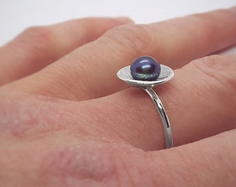 Peacock Pearl Silver Ring | Freshwater Pearl | Textured Silver Cup | Large Statement Ring | Handmade in UK Jewellery