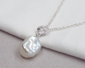 White Keshi Silver Pearl Necklace, Christmas, Freshwater, Baroque Pearl, June Birthday, Bridal, Wedding, Handmade Jewellery, Gift