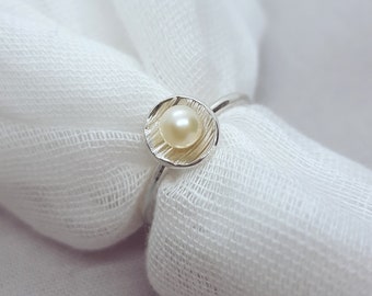 Small Pearl Ring | Ivory Freshwater Pearl |  Rose | Peach | Peacock | Textured Silver Cup | Handmade in UK Jewellery