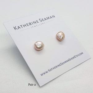 Peach Pink Keshi Silver Pearl Earrings, Freshwater, Baroque, Silver Studs, Bridal Wedding, Handmade Jewellery, UK Gift image 3