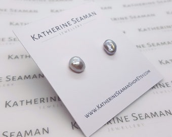 Grey Keshi & Silver Pearl Earrings, Freshwater Cultured, Silver Stud, Bridal Wedding, Handmade Jewellery, UK Gift