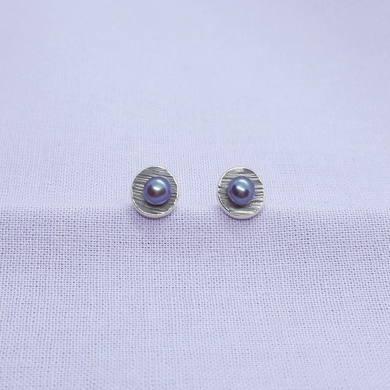 Peacock Pearl Silver Earrings, Freshwater Cultured Pearls, Silver Cups, Small Studs, Unique Gift, Handmade in UK Jewellery image 1