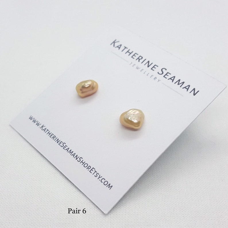 Peach Pink Keshi Silver Pearl Earrings, Freshwater, Baroque, Silver Studs, Bridal Wedding, Handmade Jewellery, UK Gift image 7
