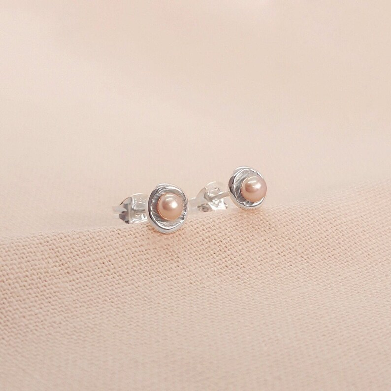 Peach Pearl Silver Earrings, Sterling, Gift Present, Freshwater Cultured Pearls, Mini Studs, Handmade in UK Jewellery image 1