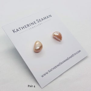 Peach Pink Keshi Silver Pearl Earrings, Freshwater, Baroque, Silver Studs, Bridal Wedding, Handmade Jewellery, UK Gift image 5