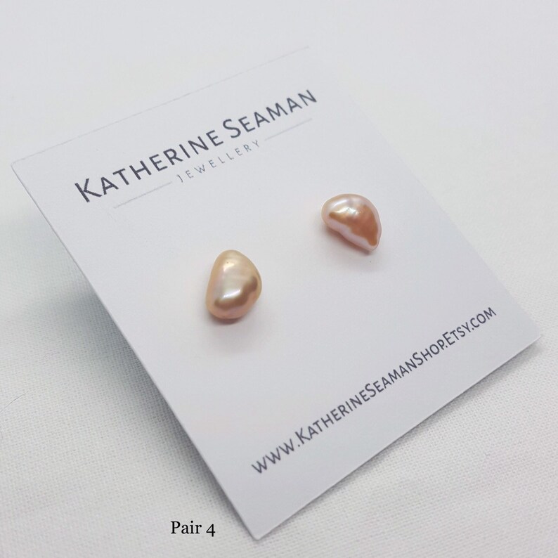 Peach Pink Keshi Silver Pearl Earrings, Freshwater, Baroque, Silver Studs, Bridal Wedding, Handmade Jewellery, UK Gift image 5