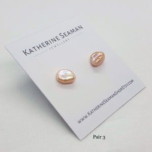 Peach Pink Keshi Silver Pearl Earrings, Freshwater, Baroque, Silver Studs, Bridal Wedding, Handmade Jewellery, UK Gift image 4