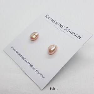 Peach Pink Keshi Silver Pearl Earrings, Freshwater, Baroque, Silver Studs, Bridal Wedding, Handmade Jewellery, UK Gift image 6